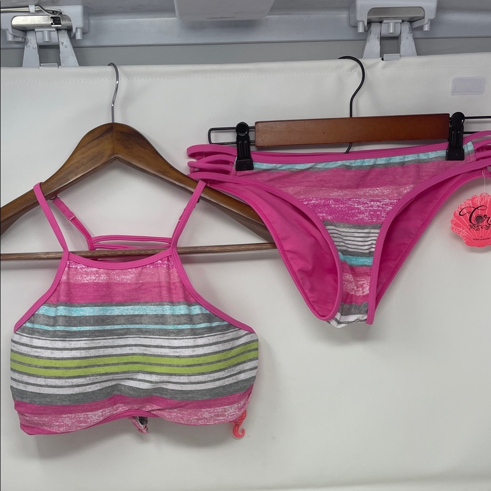Coral Tropics By Apollo Swimwear Striped 2-Piece Pink Bikini Set Size Large New